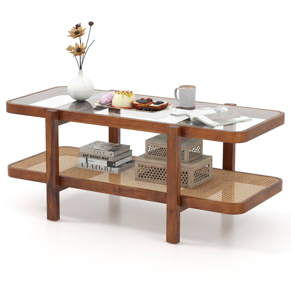 2-Tier Coffee Table with Storage and Tempered Glass Tabletop-Coffee-Coffee Tables-DECOROLALA