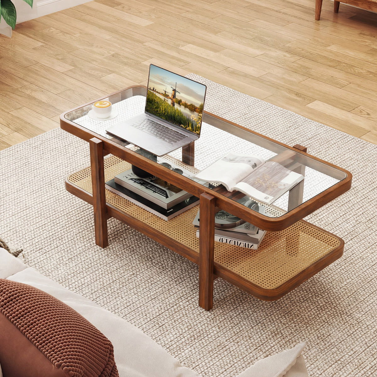 2-Tier Coffee Table with Storage and Tempered Glass Tabletop-Coffee-Coffee Tables-DECOROLALA