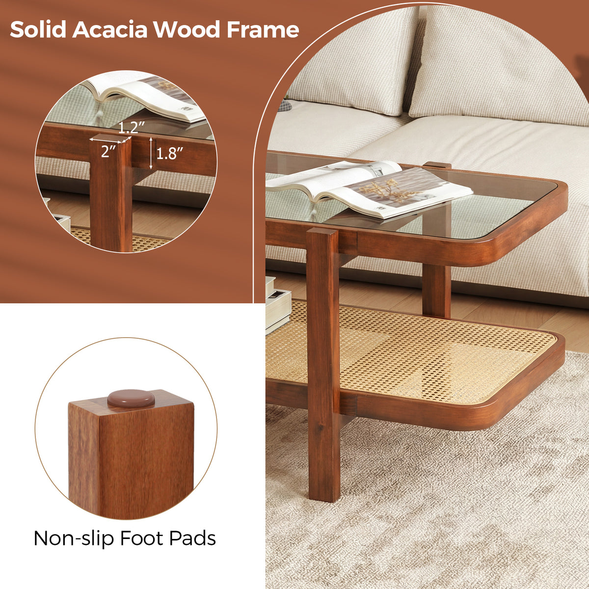 2-Tier Coffee Table with Storage and Tempered Glass Tabletop-Coffee-Coffee Tables-DECOROLALA