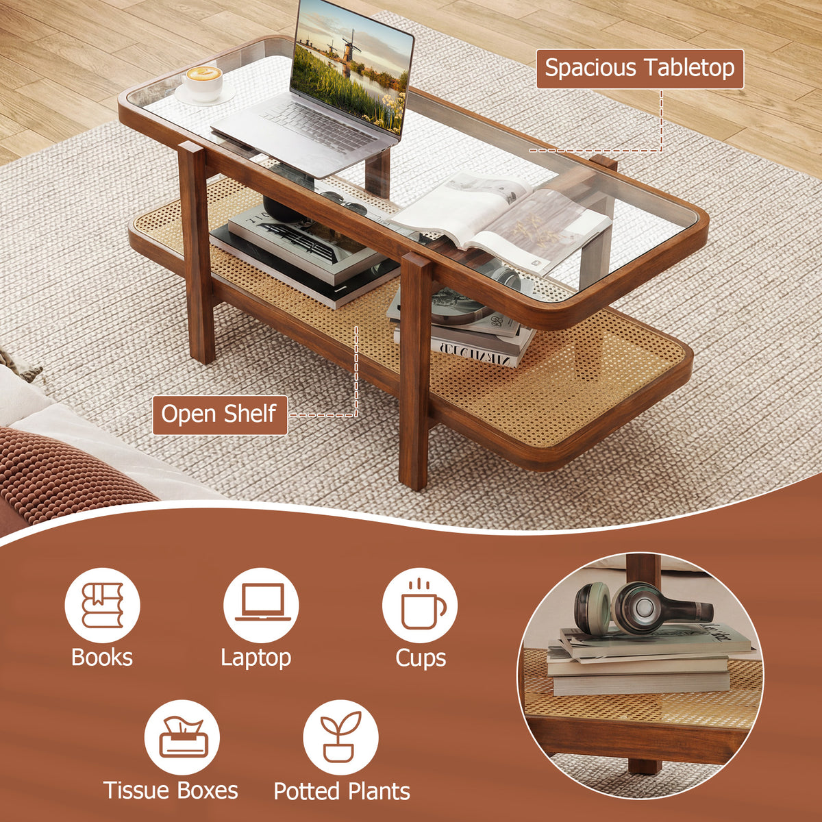 2-Tier Coffee Table with Storage and Tempered Glass Tabletop-Coffee-Coffee Tables-DECOROLALA