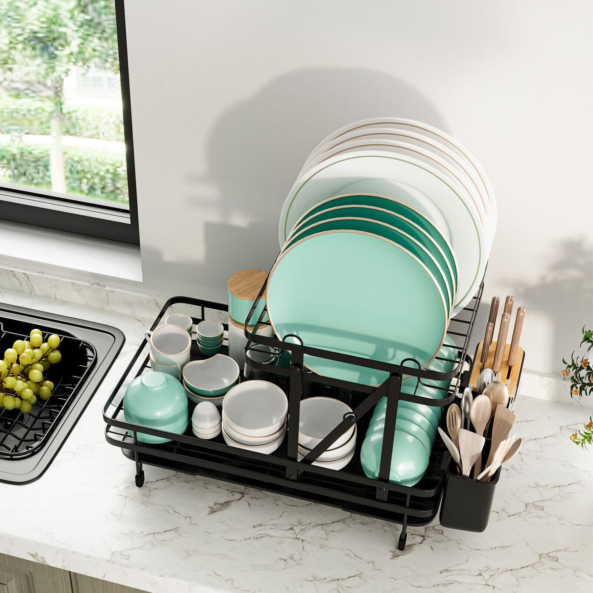 2-Tier Collapsible Dish Rack with Removable Drip Tray-Black-Dish Racks-DECOROLALA