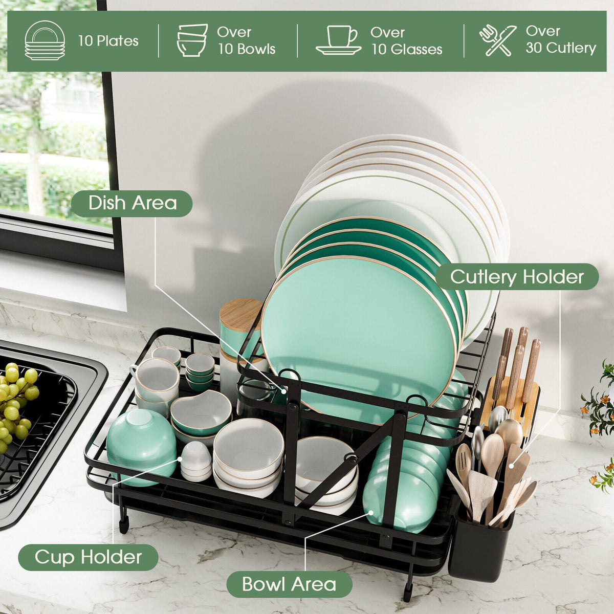 2-Tier Collapsible Dish Rack with Removable Drip Tray-Black-Dish Racks-DECOROLALA