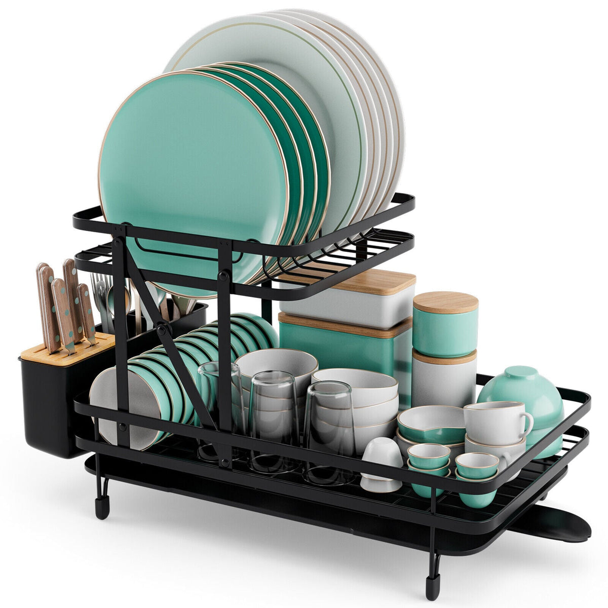 2-Tier Collapsible Dish Rack with Removable Drip Tray-Black-Dish Racks-DECOROLALA