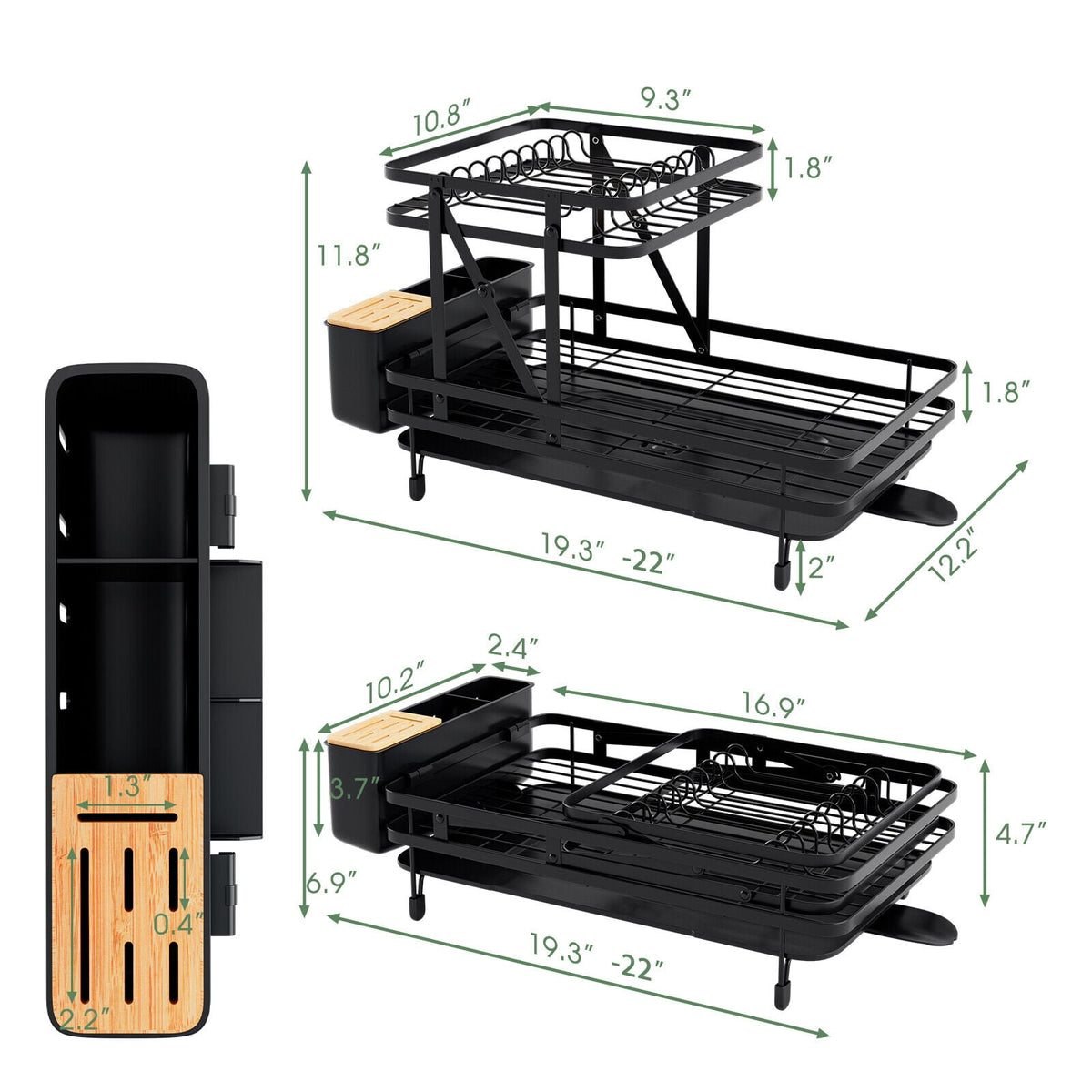 2-Tier Collapsible Dish Rack with Removable Drip Tray-Black-Dish Racks-DECOROLALA
