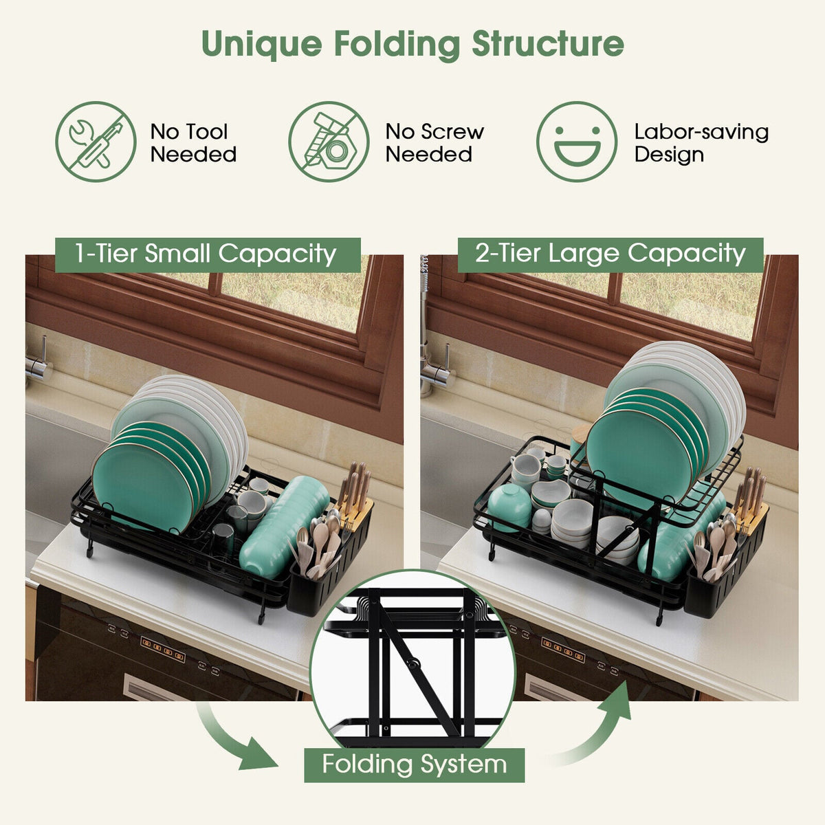 2-Tier Collapsible Dish Rack with Removable Drip Tray-Black-Dish Racks-DECOROLALA