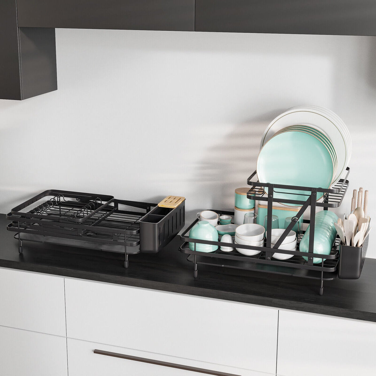 2-Tier Collapsible Dish Rack with Removable Drip Tray-Black-Dish Racks-DECOROLALA