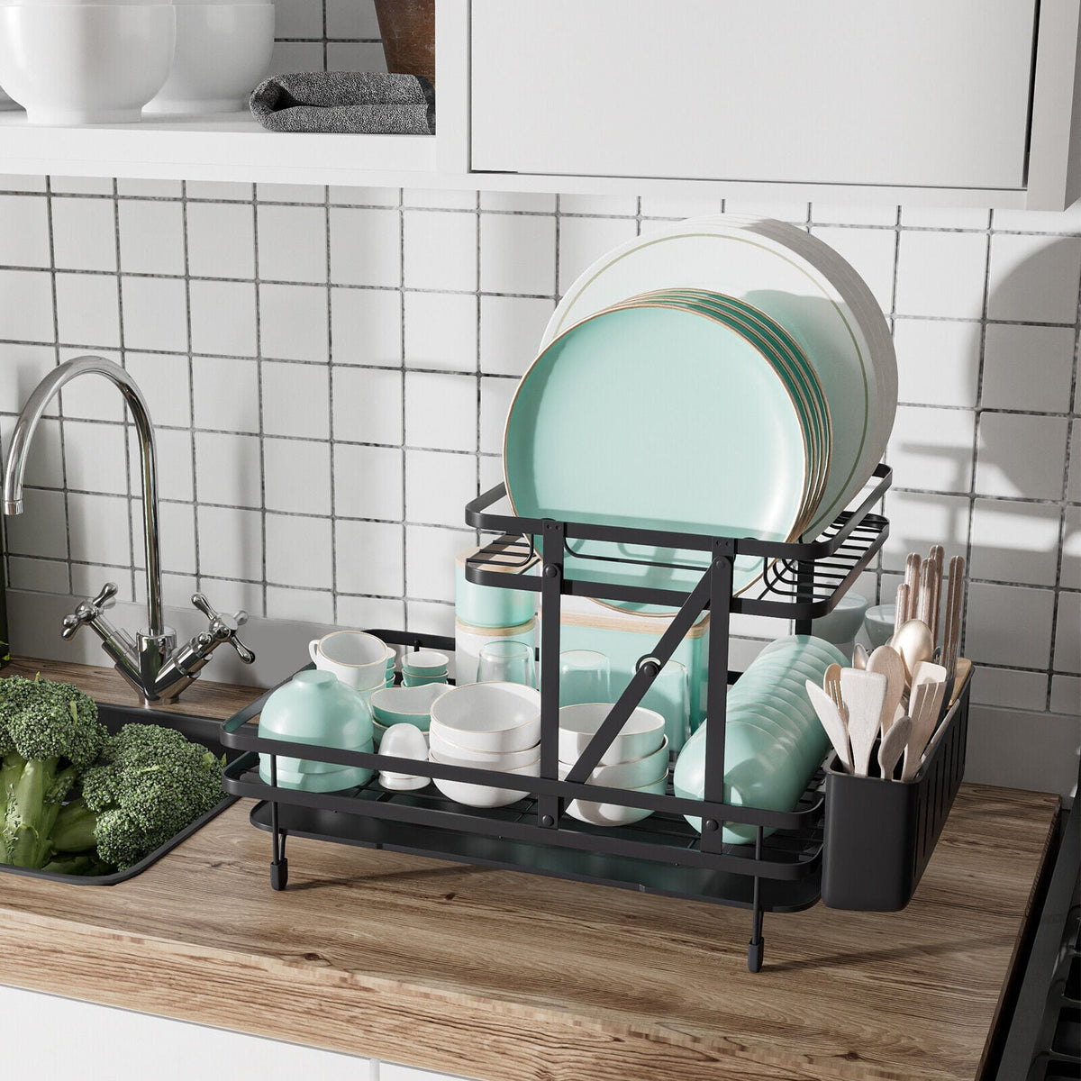 2-Tier Collapsible Dish Rack with Removable Drip Tray-Black-Dish Racks-DECOROLALA