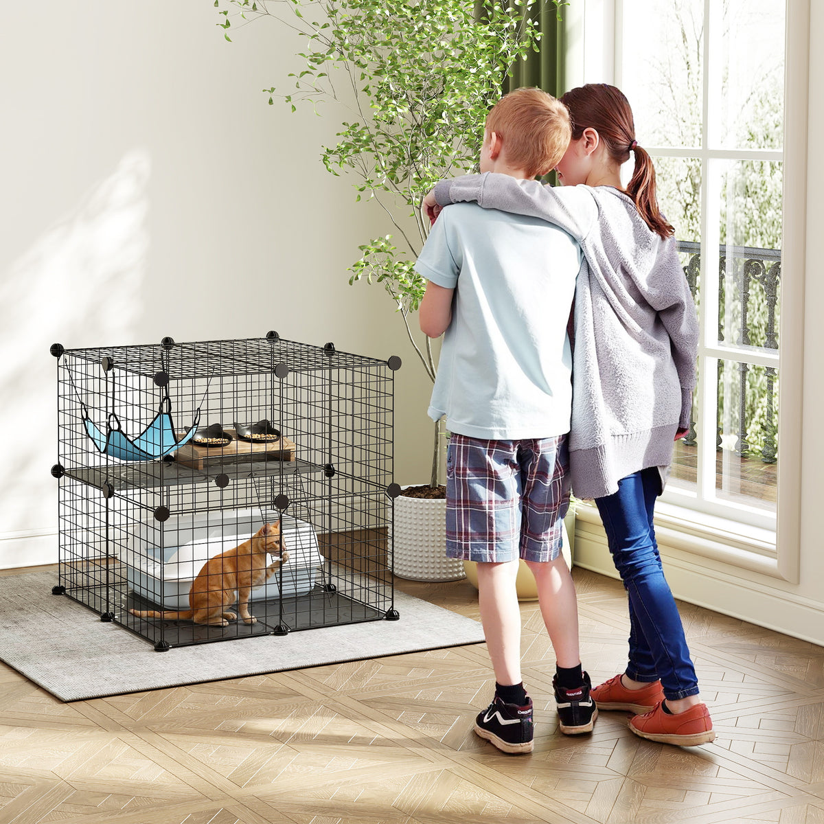 2-Tier DIY Cat Cage - Black 27.6" Modular Pet Playpen with Hammock-Cat Supplies-DECOROLALA