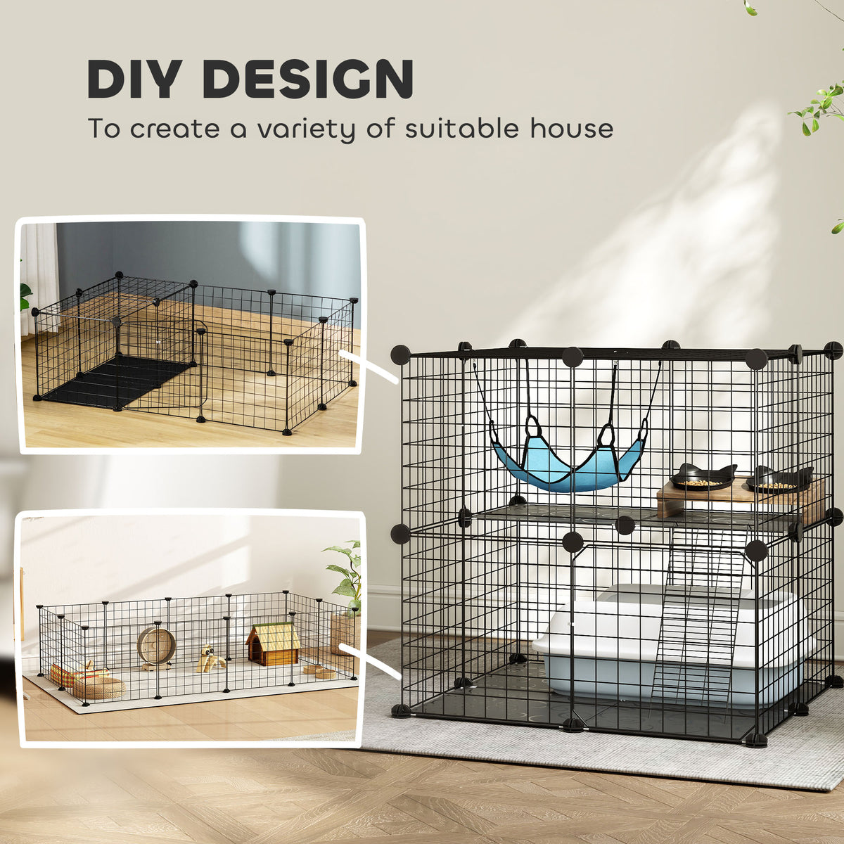 2-Tier DIY Cat Cage - Black 27.6" Modular Pet Playpen with Hammock-Cats-DECOROLALA