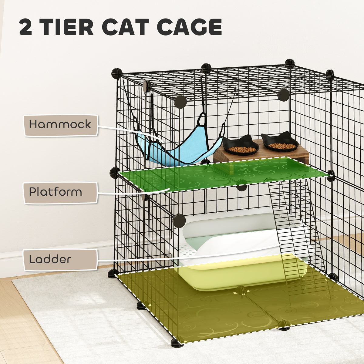 2-Tier DIY Cat Cage - Black 27.6" Modular Pet Playpen with Hammock-Cats-DECOROLALA