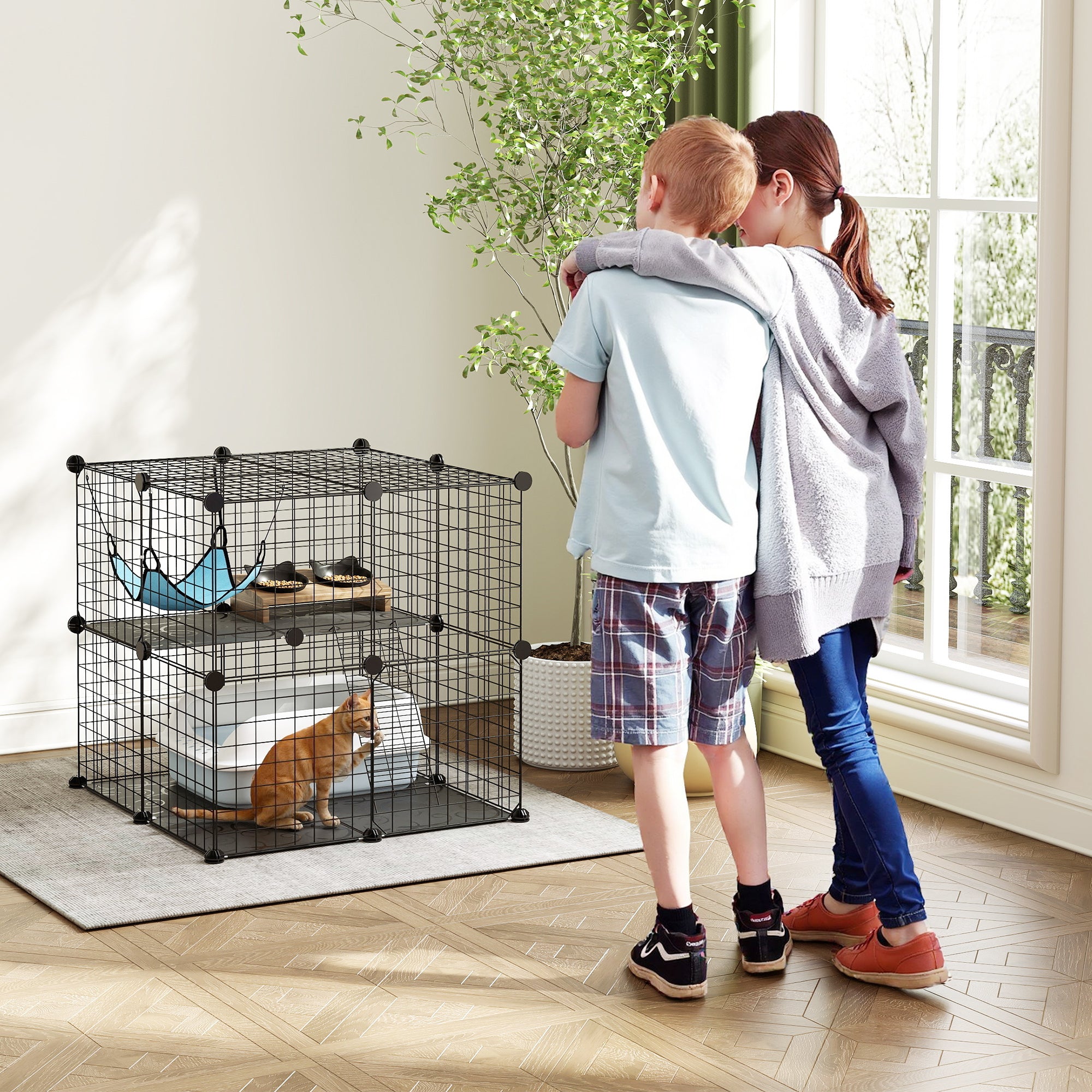 2-Tier DIY Cat Cage - Black 27.6" Modular Pet Playpen with Hammock-Cats-DECOROLALA