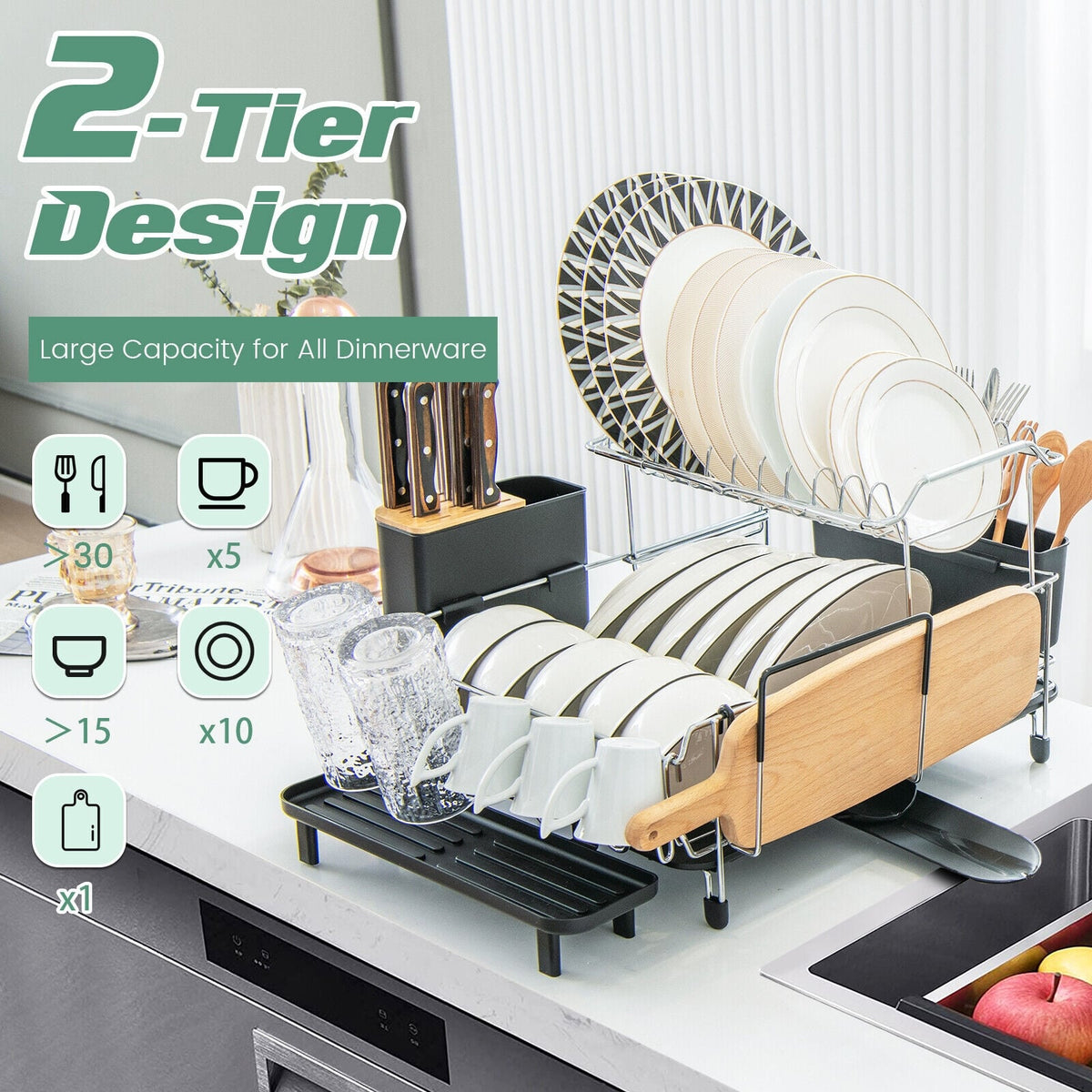 2-Tier Detachable Dish Rack with Drainboard and 360° Swivel Spout-Sliver-Dish Racks-DECOROLALA