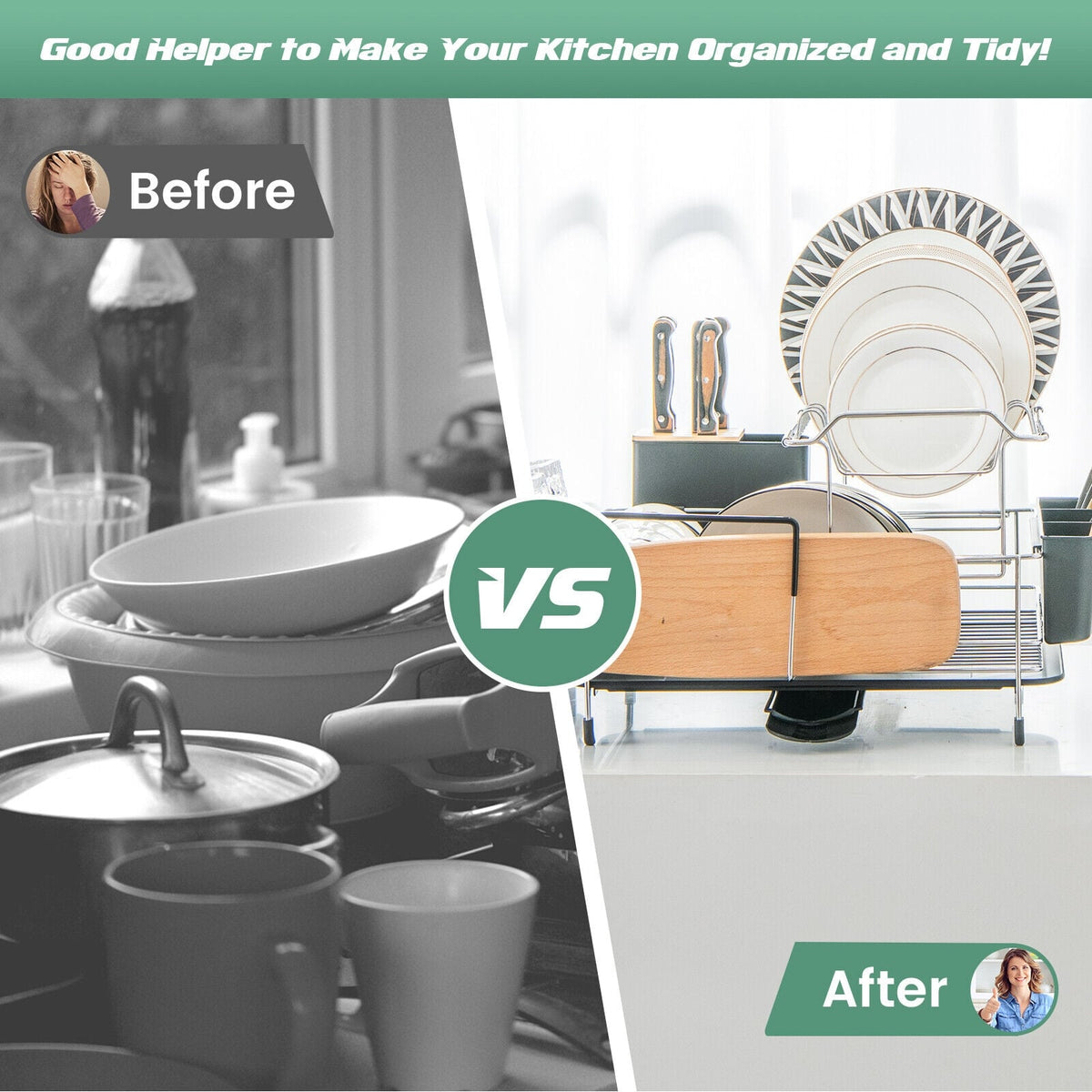 2-Tier Detachable Dish Rack with Drainboard and 360° Swivel Spout-Sliver-Dish Racks-DECOROLALA