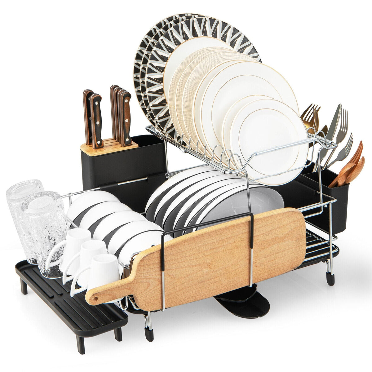 2-Tier Detachable Dish Rack with Drainboard and 360° Swivel Spout-Sliver-Dish Racks-DECOROLALA