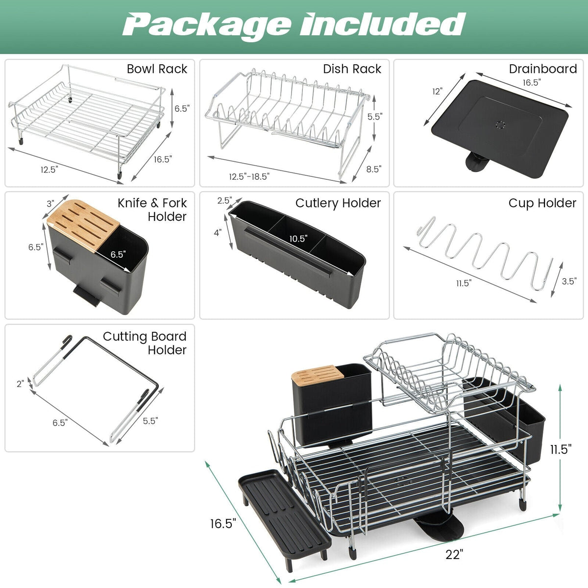 2-Tier Detachable Dish Rack with Drainboard and 360° Swivel Spout-Sliver-Dish Racks-DECOROLALA