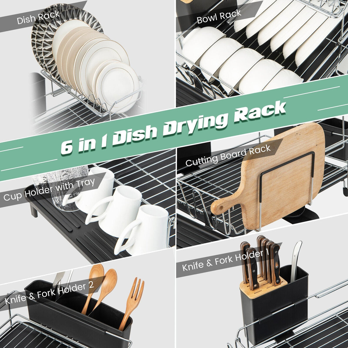 2-Tier Detachable Dish Rack with Drainboard and 360° Swivel Spout-Sliver-Dish Racks-DECOROLALA