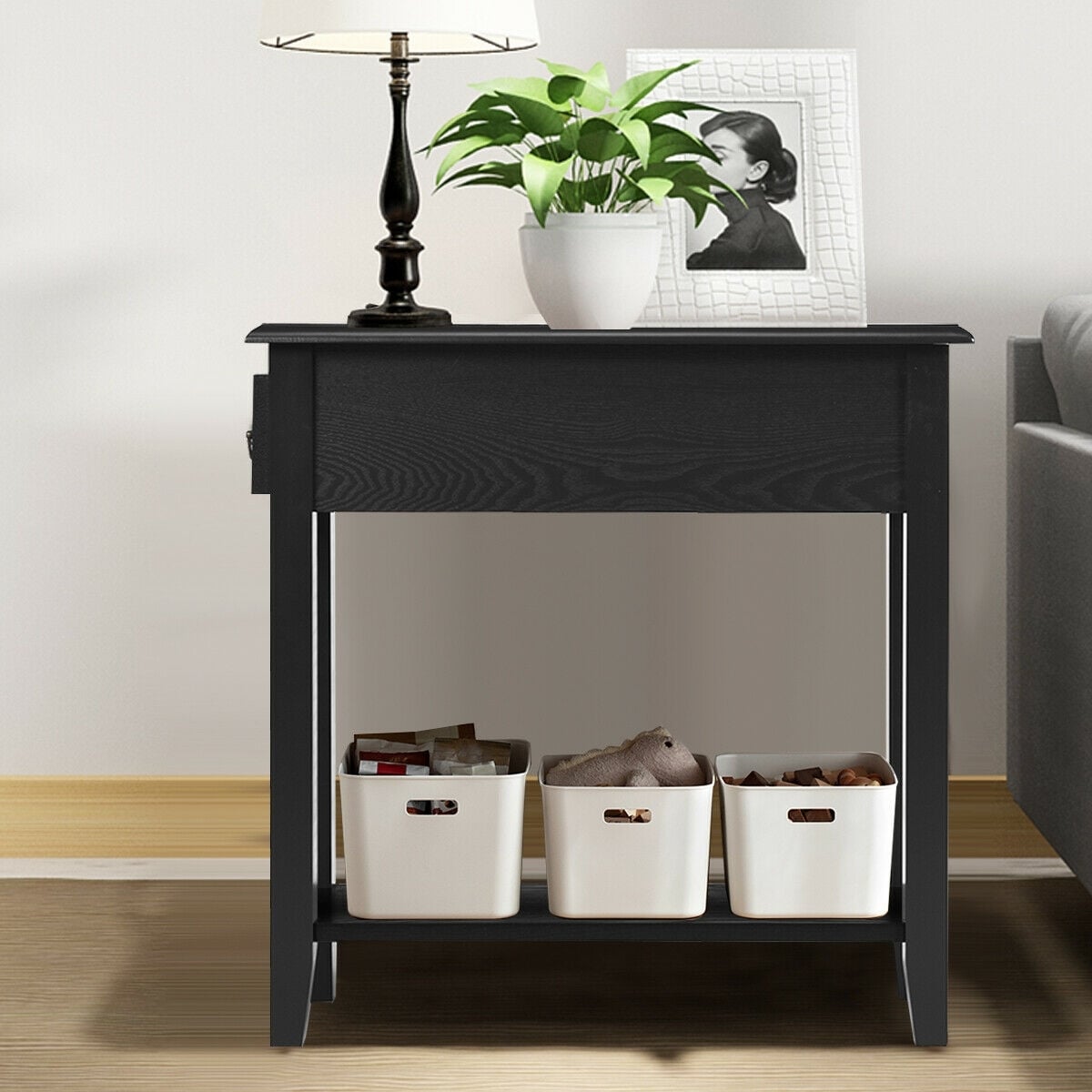 2 Tier End Bedside Sofa Side Table Narrow Nightstand-Black-End & Side Tables-DECOROLALA