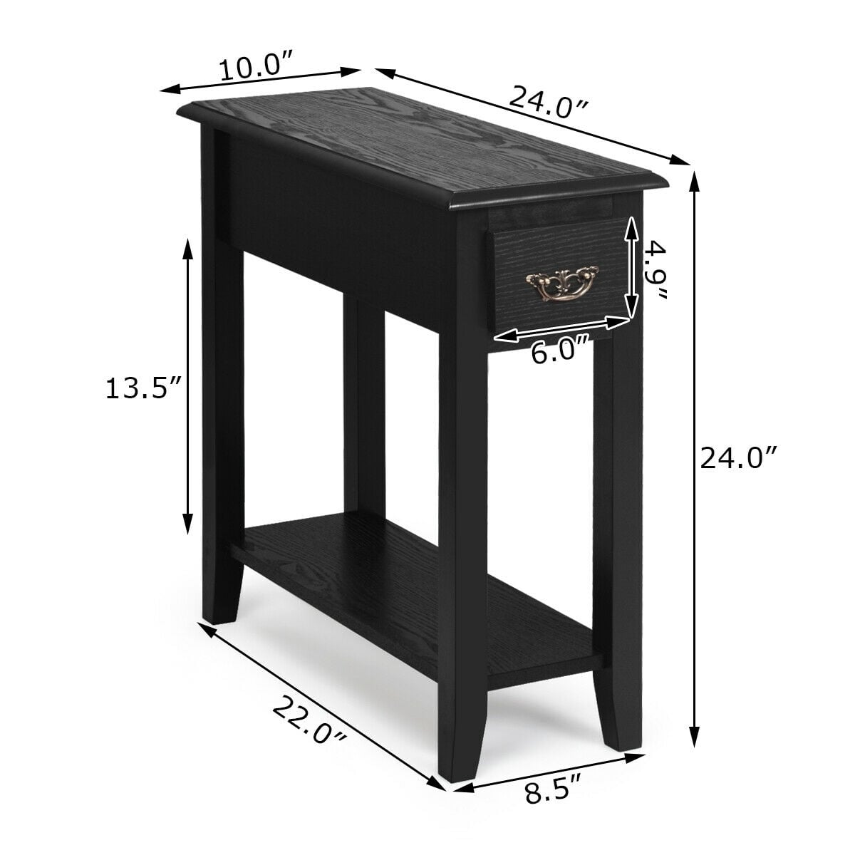 2 Tier End Bedside Sofa Side Table Narrow Nightstand-Black-End & Side Tables-DECOROLALA