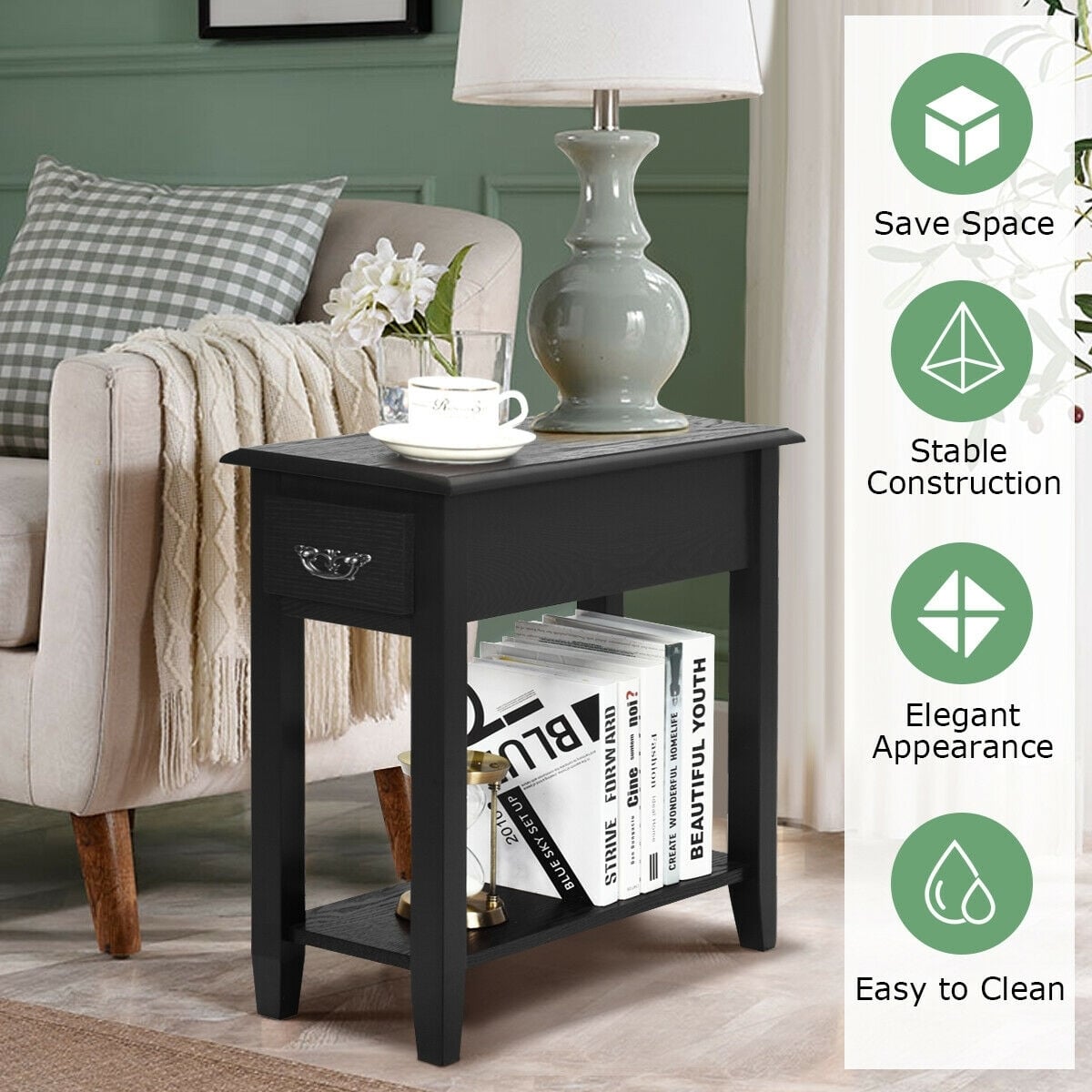 2 Tier End Bedside Sofa Side Table Narrow Nightstand-Black-End & Side Tables-DECOROLALA