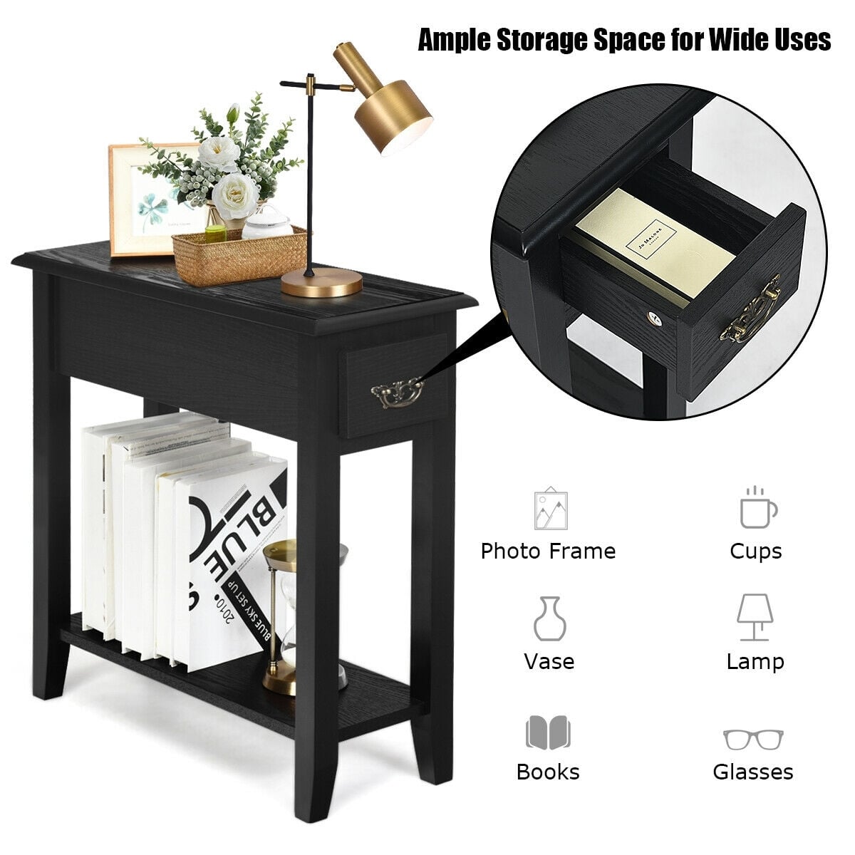 2 Tier End Bedside Sofa Side Table Narrow Nightstand-Black-End & Side Tables-DECOROLALA