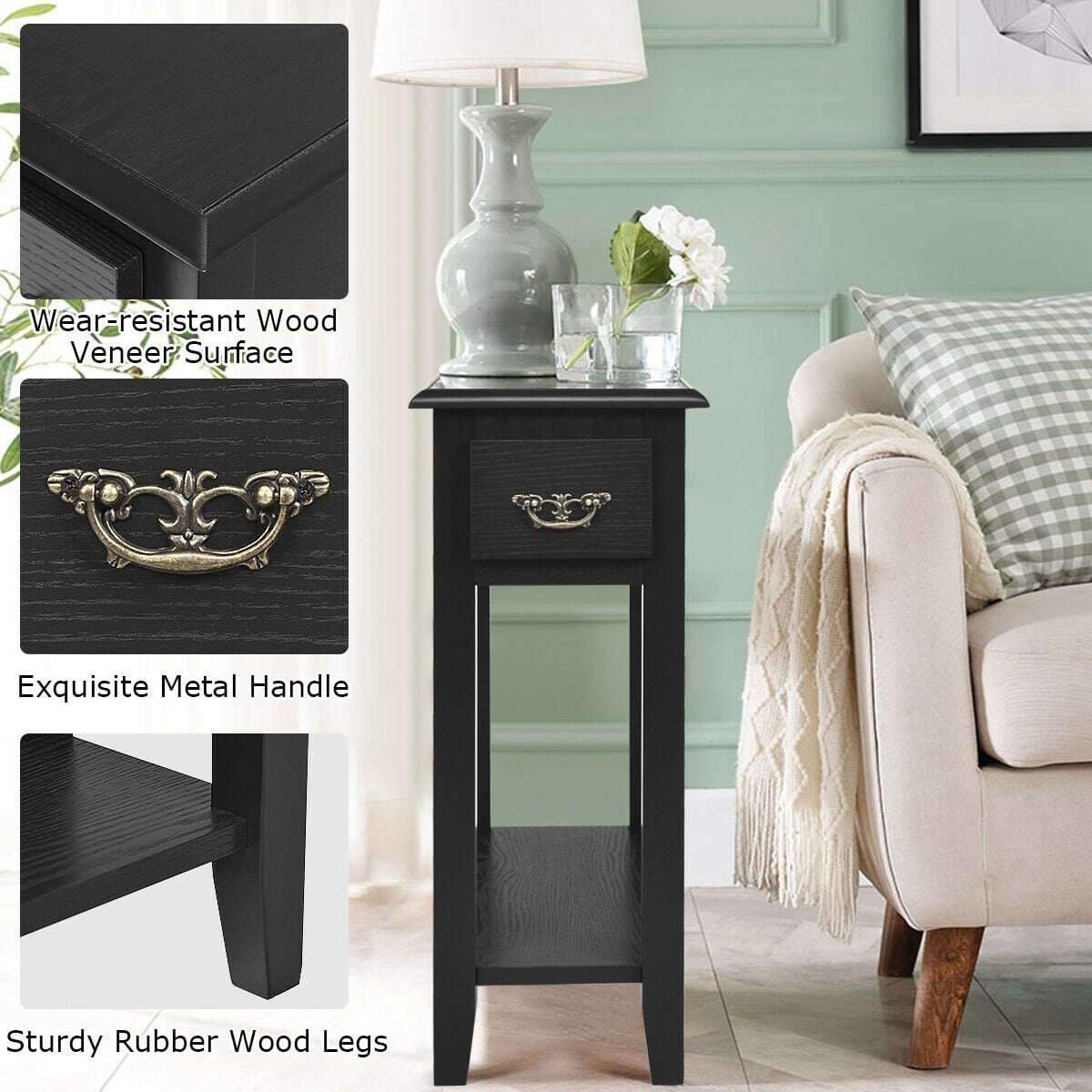 2 Tier End Bedside Sofa Side Table Narrow Nightstand-Black-End & Side Tables-DECOROLALA