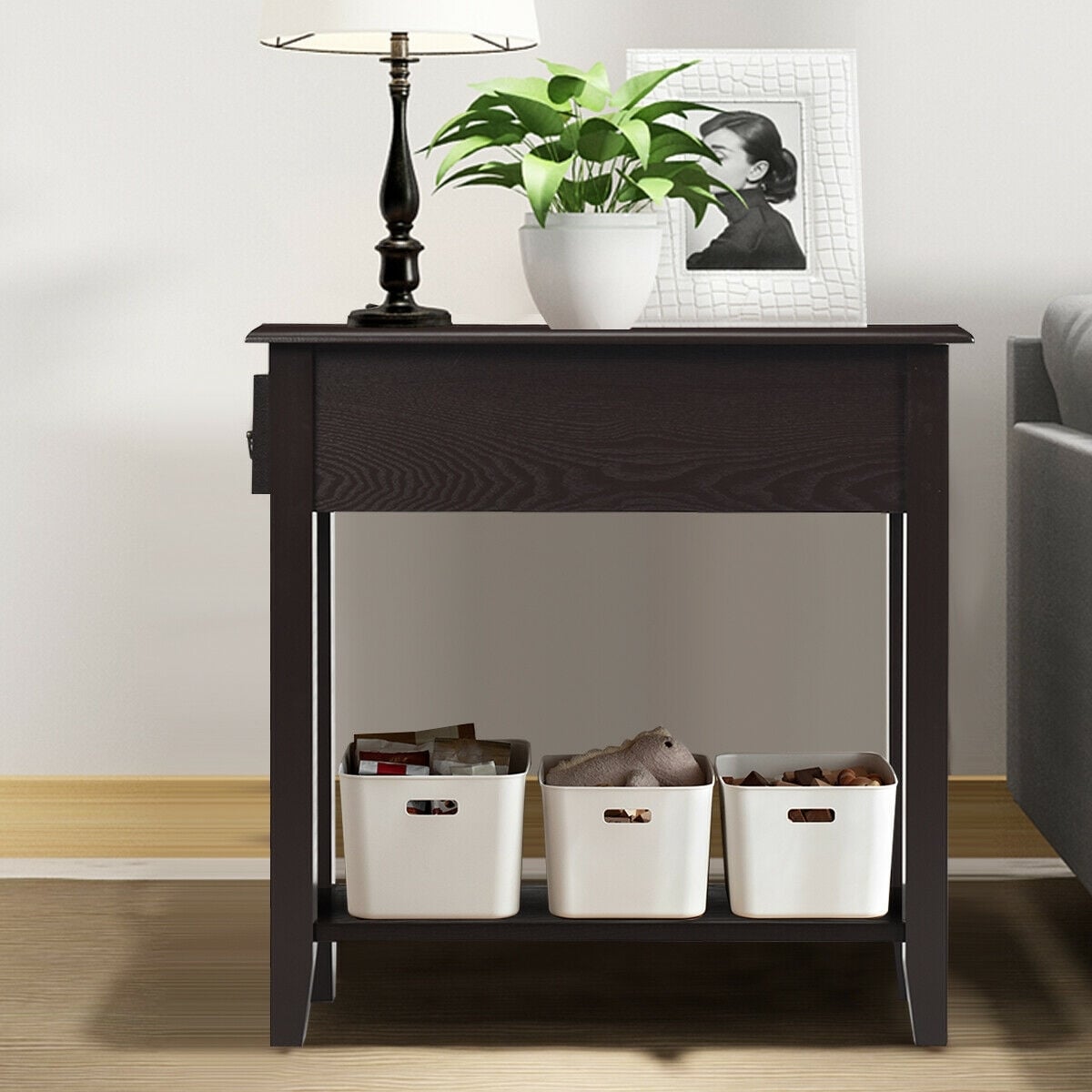 2 Tier End Bedside Sofa Side Table Narrow Nightstand-Espresso-End & Side Tables-DECOROLALA