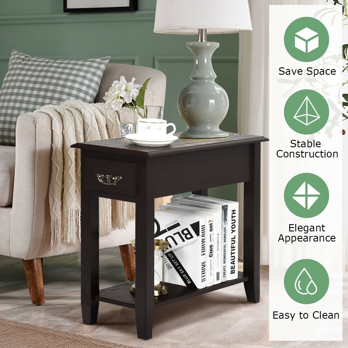 2 Tier End Bedside Sofa Side Table Narrow Nightstand-Espresso-End & Side Tables-DECOROLALA