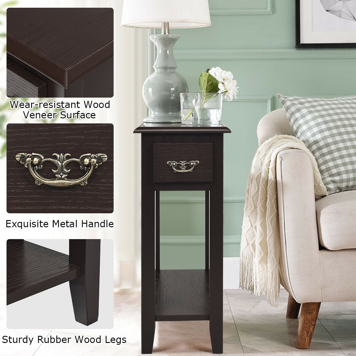 2 Tier End Bedside Sofa Side Table Narrow Nightstand-Espresso-End & Side Tables-DECOROLALA