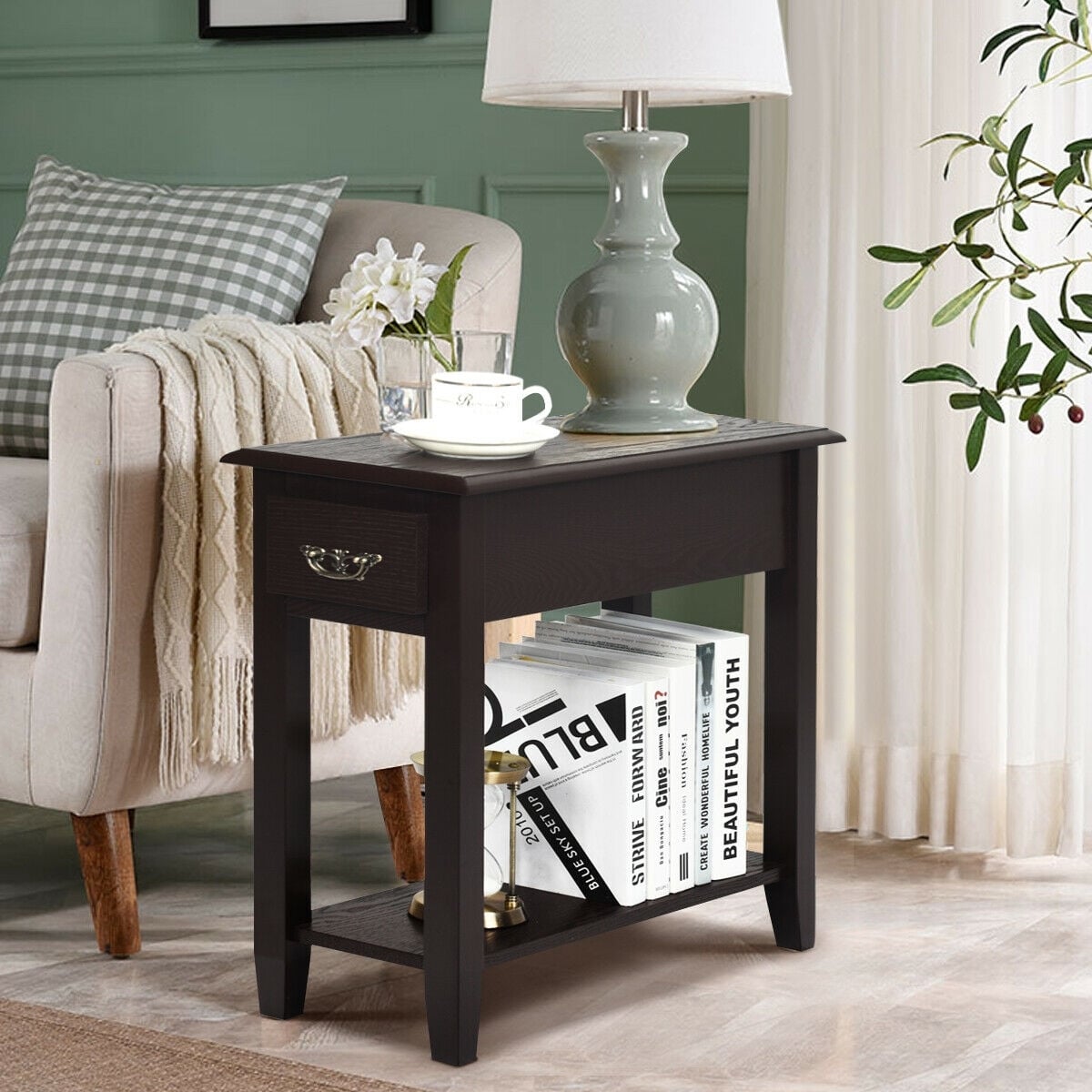 2 Tier End Bedside Sofa Side Table Narrow Nightstand-Espresso-End & Side Tables-DECOROLALA