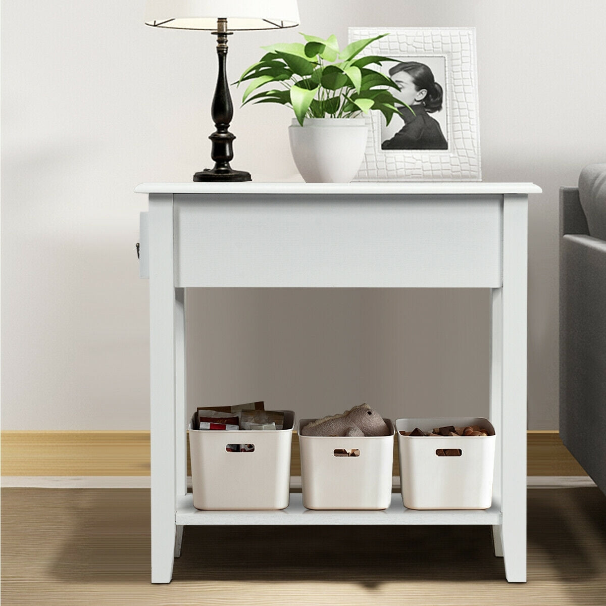 2 Tier End Bedside Sofa Side Table Narrow Nightstand-White-End & Side Tables-DECOROLALA
