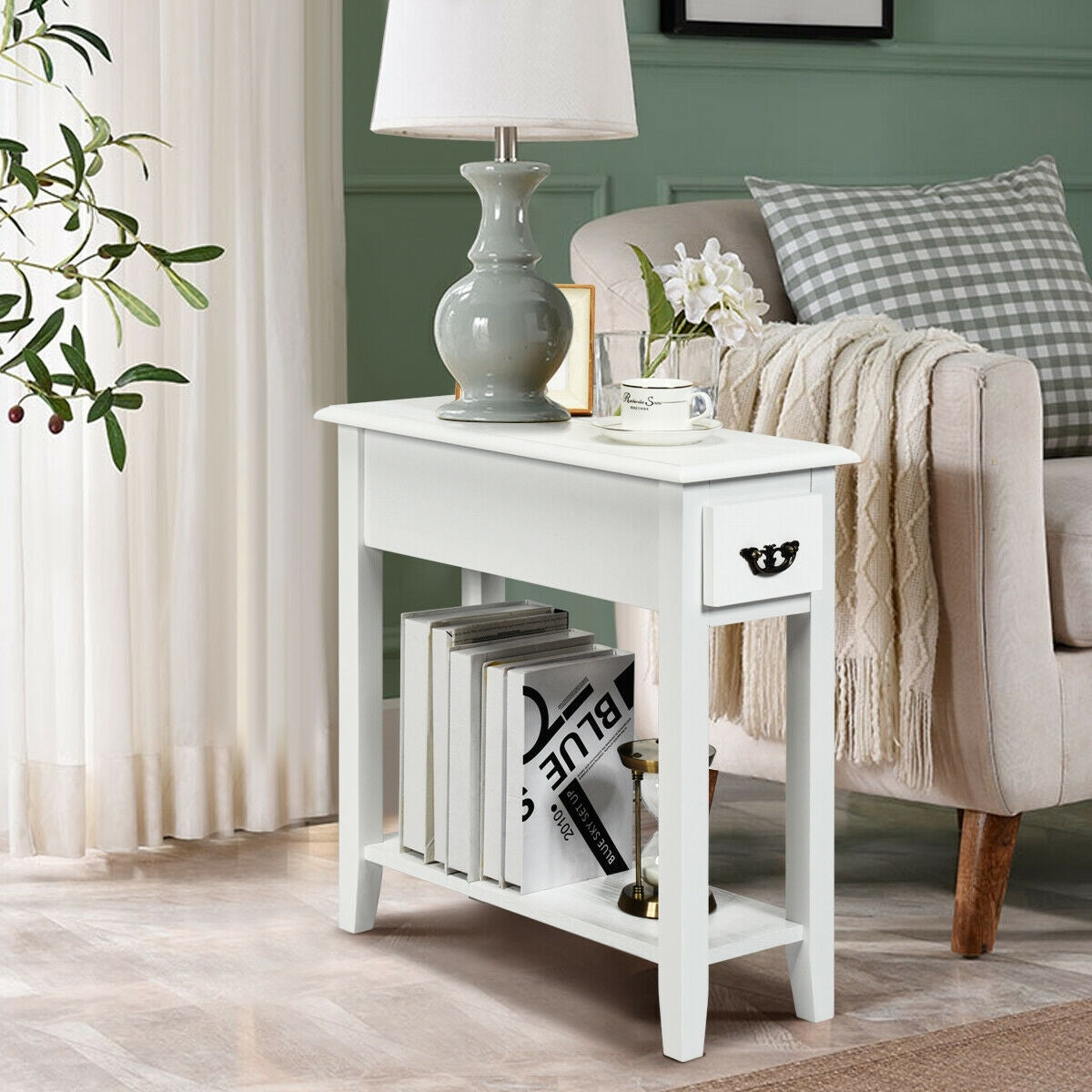 2 Tier End Bedside Sofa Side Table Narrow Nightstand-White-End & Side Tables-DECOROLALA