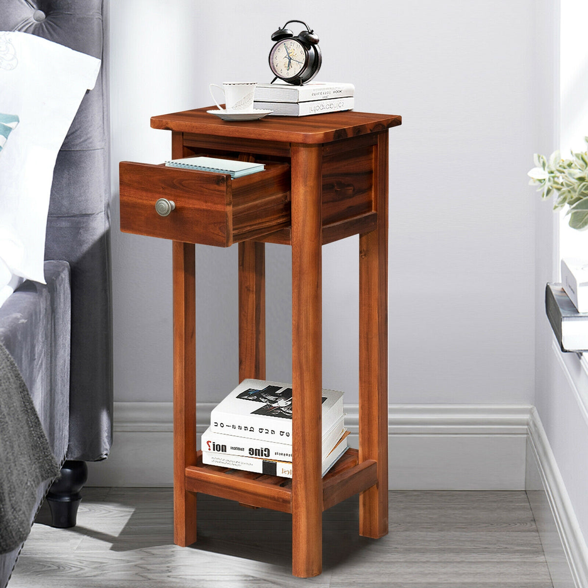 2 Tier End Bedside Table with Drawer Shelf-Brown-Nightstands-DECOROLALA