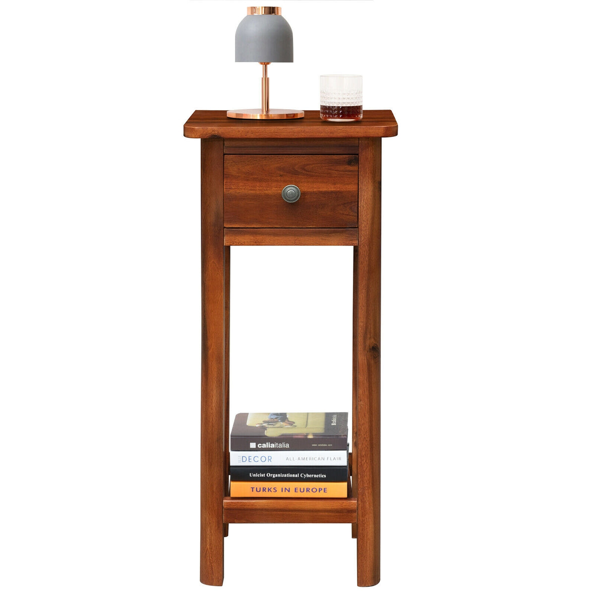 2 Tier End Bedside Table with Drawer Shelf-Brown-Nightstands-DECOROLALA
