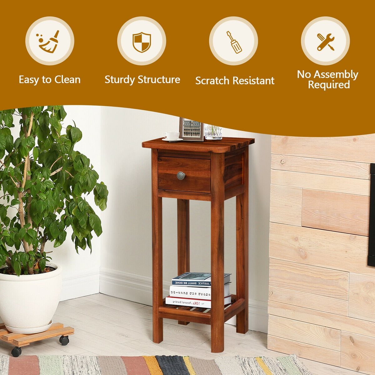 2 Tier End Bedside Table with Drawer Shelf-Brown-Nightstands-DECOROLALA