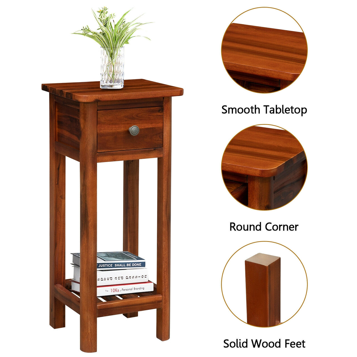 2 Tier End Bedside Table with Drawer Shelf-Brown-Nightstands-DECOROLALA