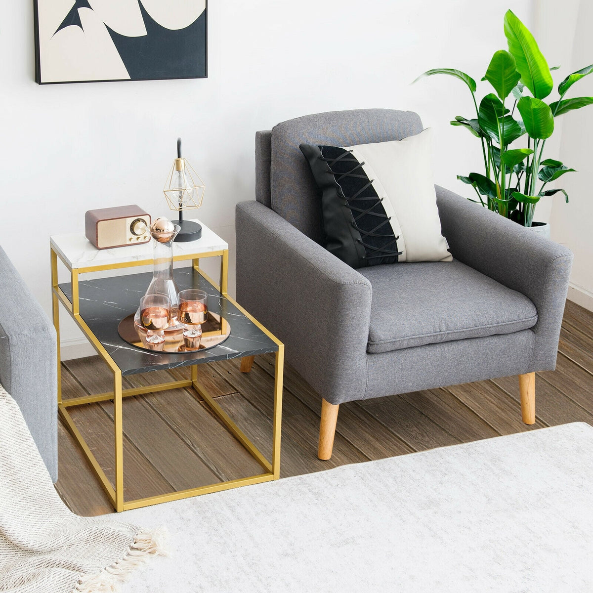 2 Tier End Side Table with Metal Frame and Storage Shelf for Living Room-White-End & Side Tables-DECOROLALA