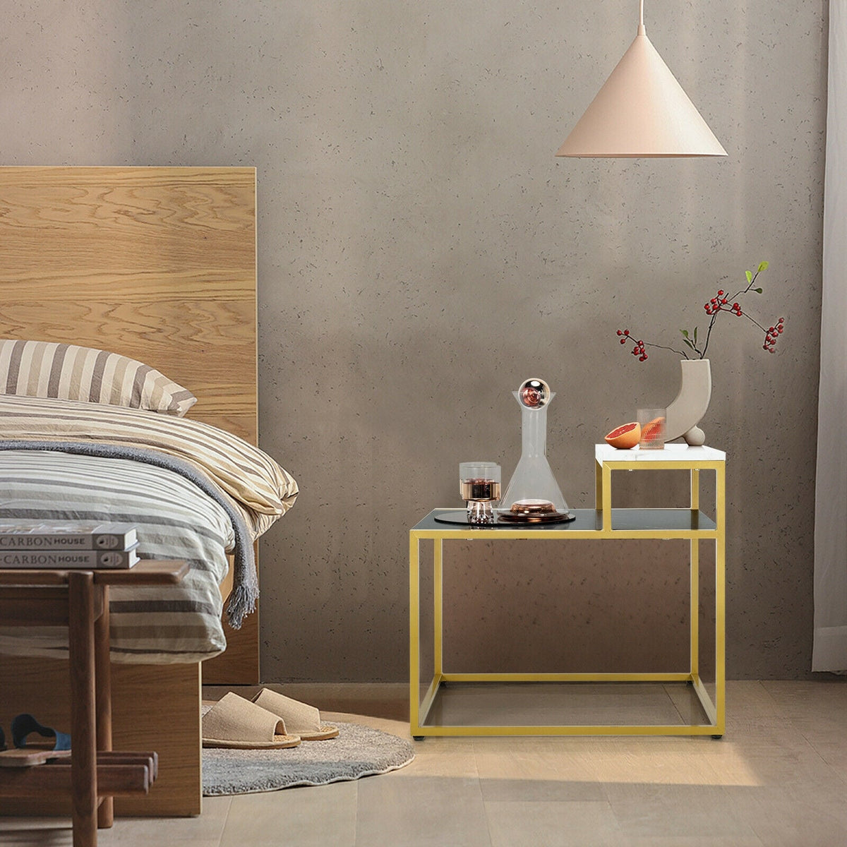 2 Tier End Side Table with Metal Frame and Storage Shelf for Living Room-White-End & Side Tables-DECOROLALA