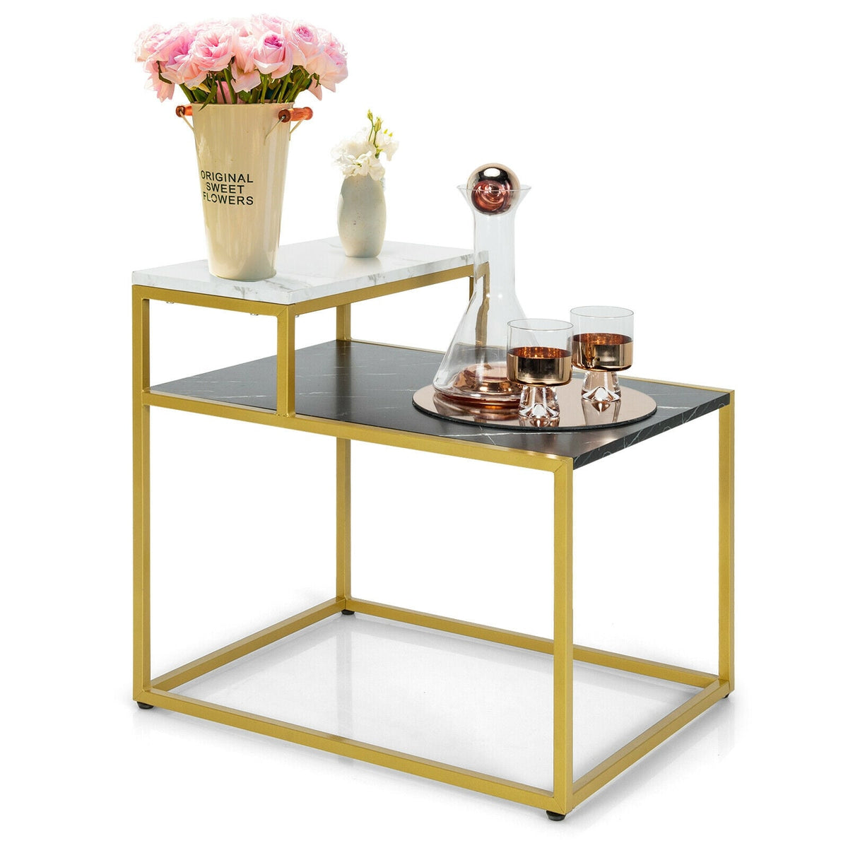 2 Tier End Side Table with Metal Frame and Storage Shelf for Living Room-White-End & Side Tables-DECOROLALA