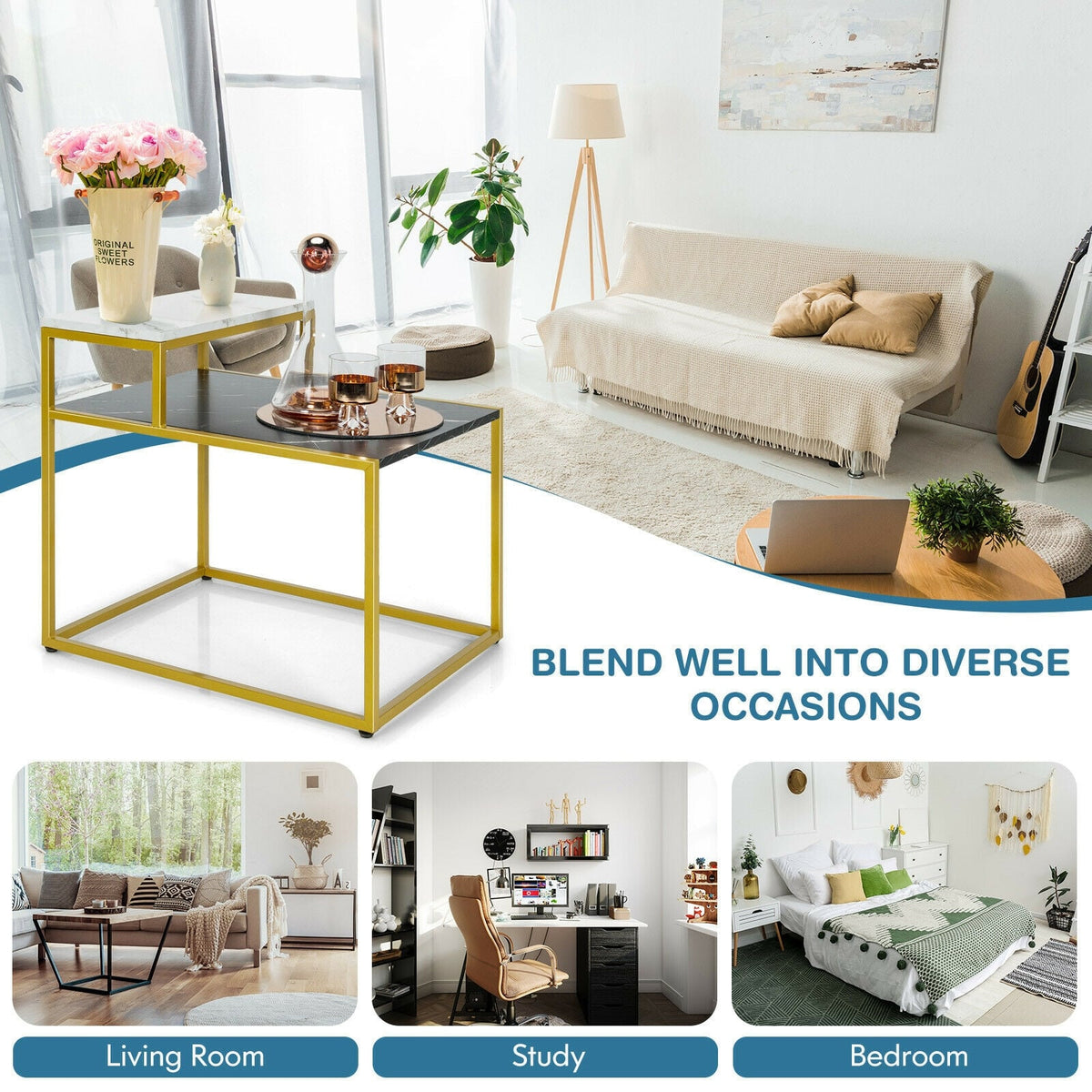 2 Tier End Side Table with Metal Frame and Storage Shelf for Living Room-White-End & Side Tables-DECOROLALA