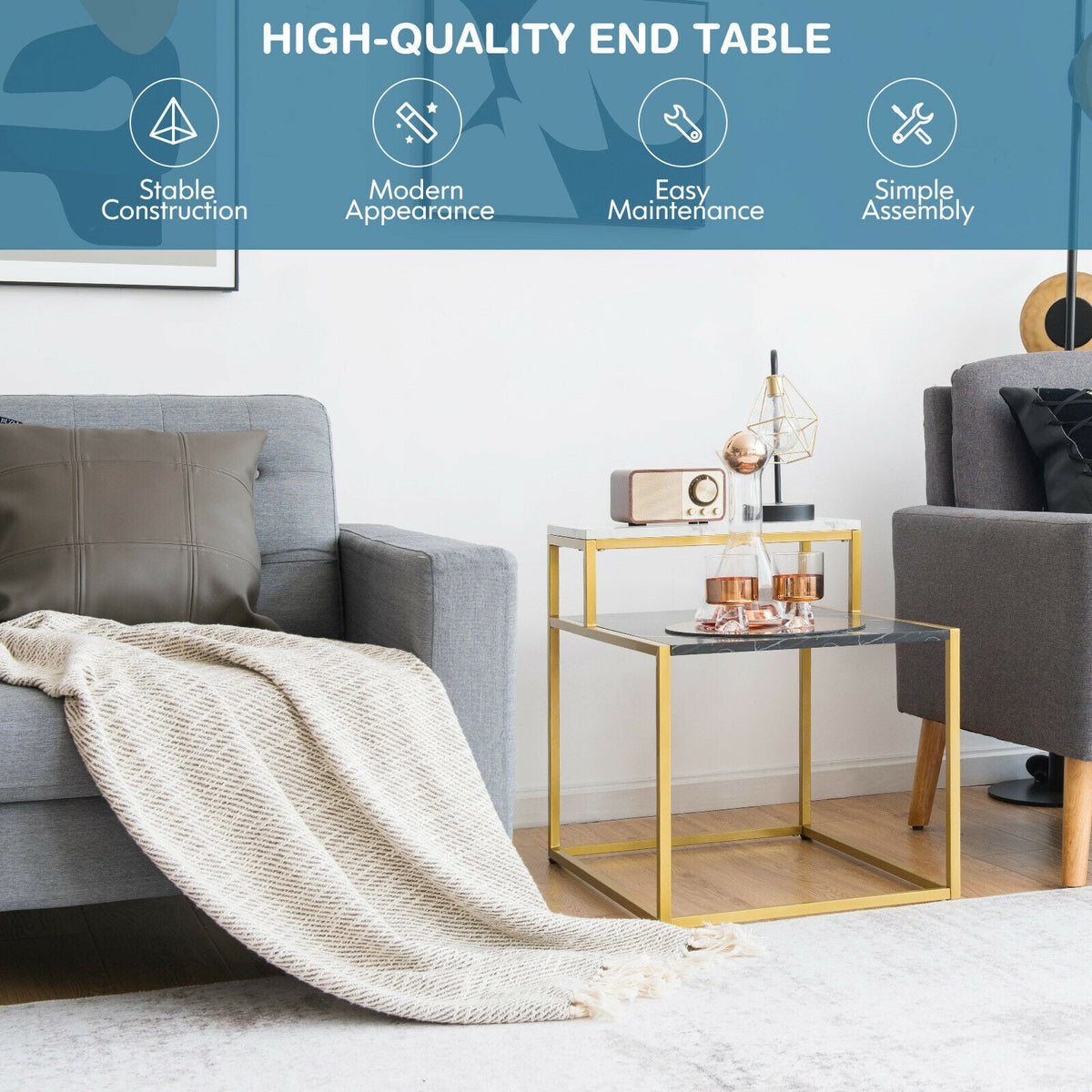 2 Tier End Side Table with Metal Frame and Storage Shelf for Living Room-White-End & Side Tables-DECOROLALA