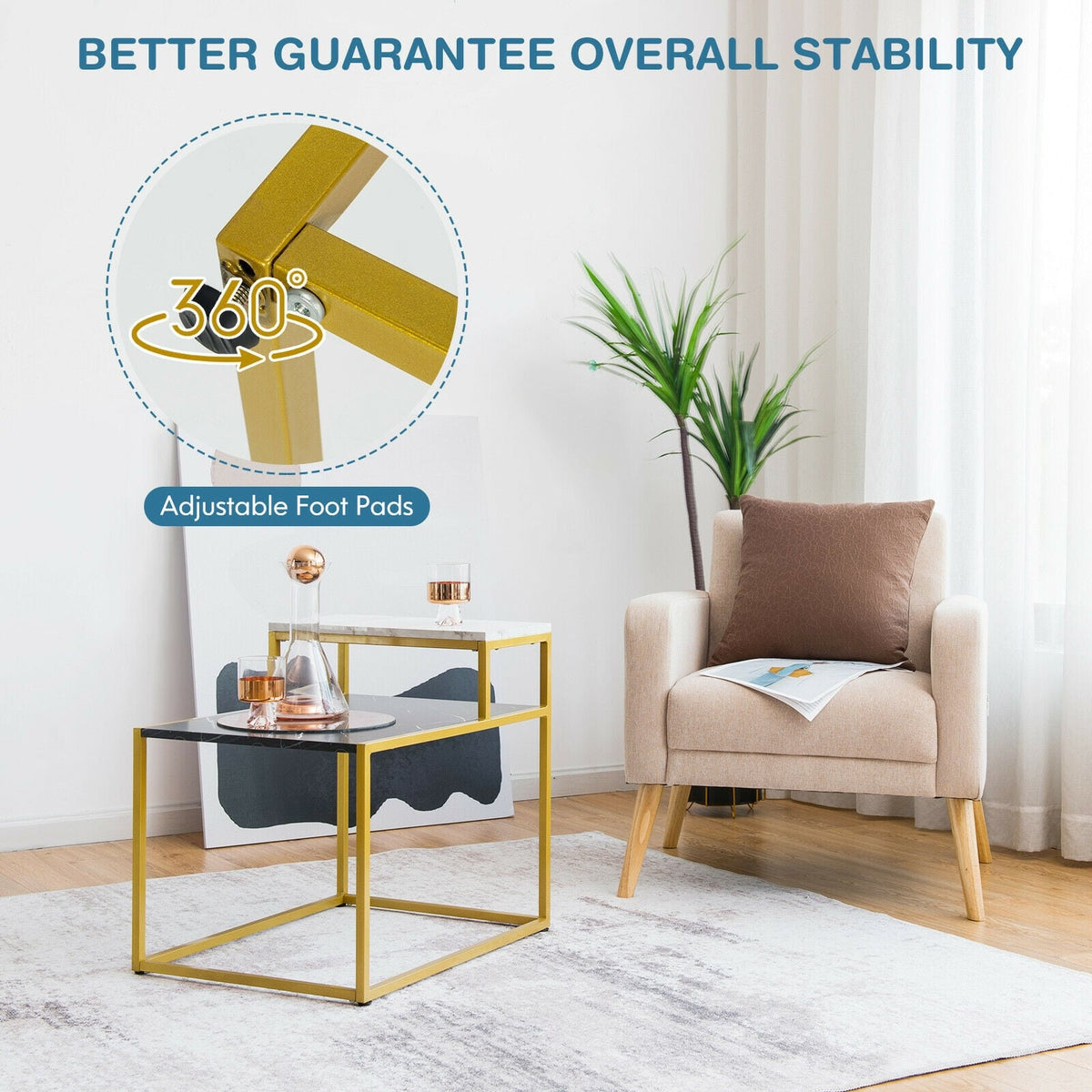 2 Tier End Side Table with Metal Frame and Storage Shelf for Living Room-White-End & Side Tables-DECOROLALA