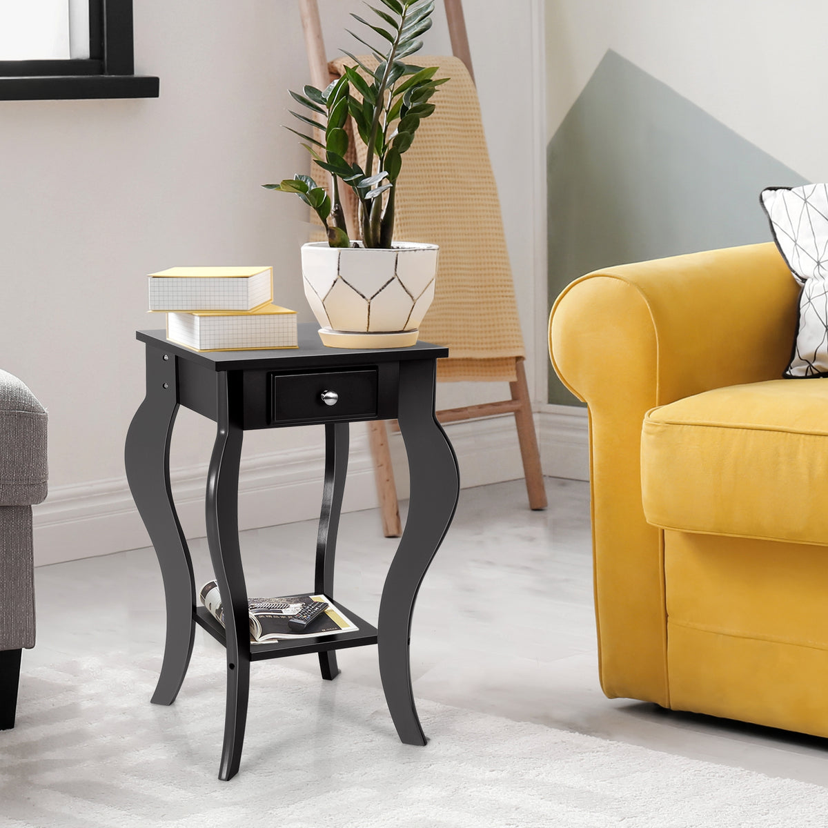 2-Tier End Table with Drawer and Shelf for Living Room Bedroom-Black-End & Side Tables-DECOROLALA