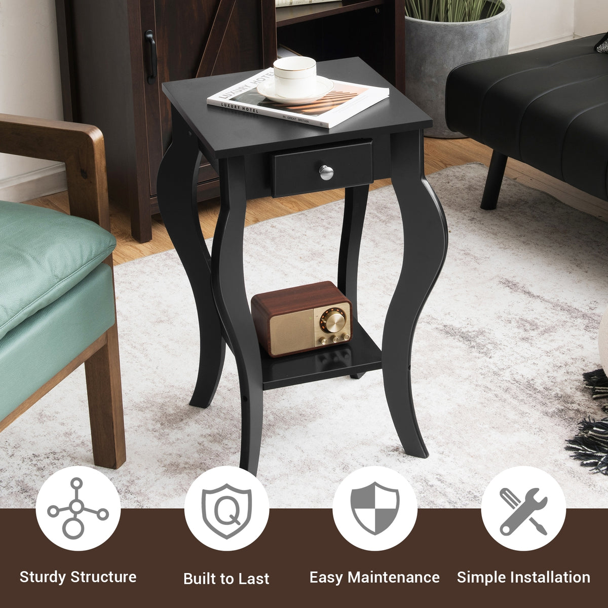 2-Tier End Table with Drawer and Shelf for Living Room Bedroom-Black-End & Side Tables-DECOROLALA