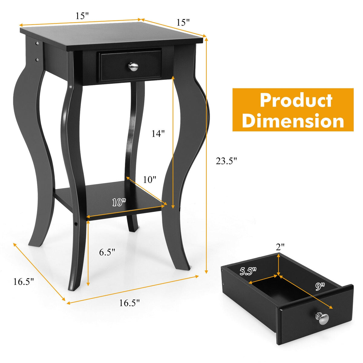 2-Tier End Table with Drawer and Shelf for Living Room Bedroom-Black-End & Side Tables-DECOROLALA
