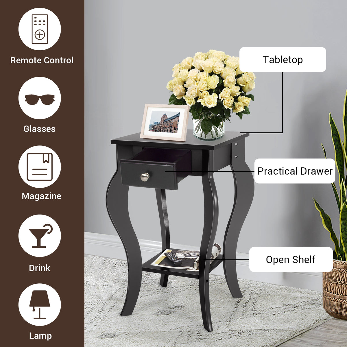 2-Tier End Table with Drawer and Shelf for Living Room Bedroom-Black-End & Side Tables-DECOROLALA