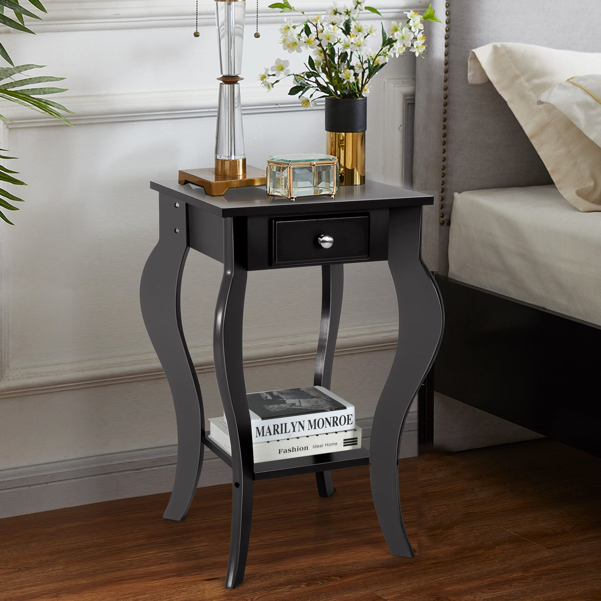 2-Tier End Table with Drawer and Shelf for Living Room Bedroom-Black-End & Side Tables-DECOROLALA