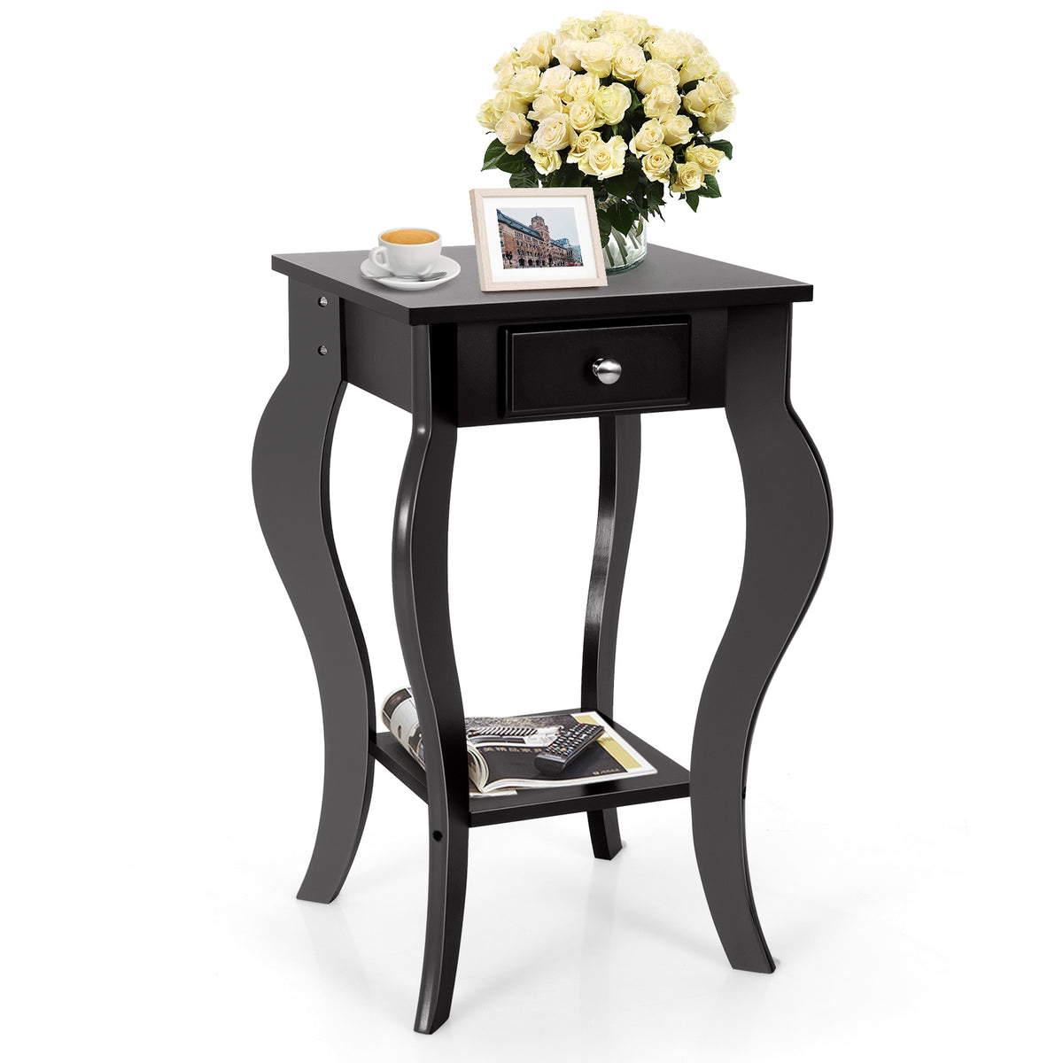 2-Tier End Table with Drawer and Shelf for Living Room Bedroom-Black-End & Side Tables-DECOROLALA