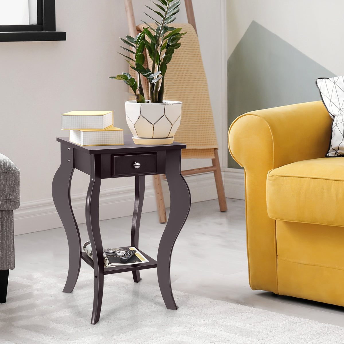 2-Tier End Table with Drawer and Shelf for Living Room Bedroom-Brown-End & Side Tables-DECOROLALA