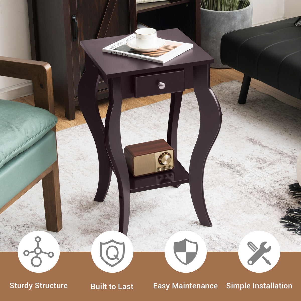2-Tier End Table with Drawer and Shelf for Living Room Bedroom-Brown-End & Side Tables-DECOROLALA
