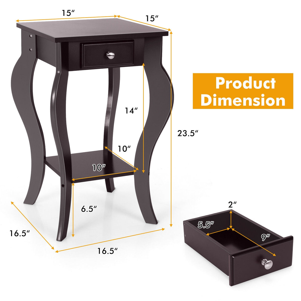 2-Tier End Table with Drawer and Shelf for Living Room Bedroom-Brown-End & Side Tables-DECOROLALA